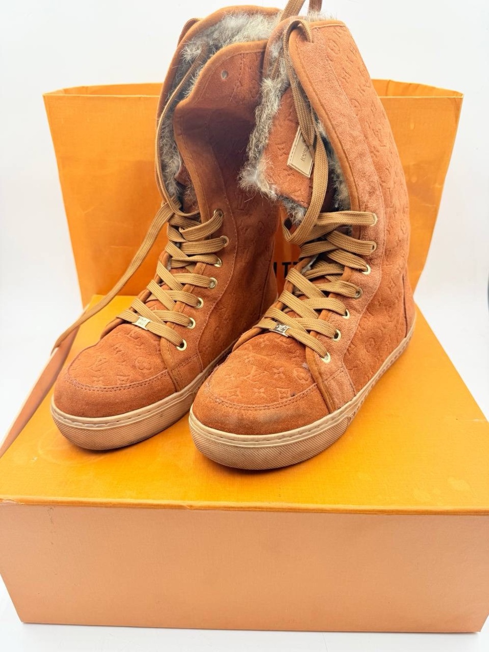 Louis Vuitton Monogram Suede Fur Lined Tall Lace Up Boots Box Papers
